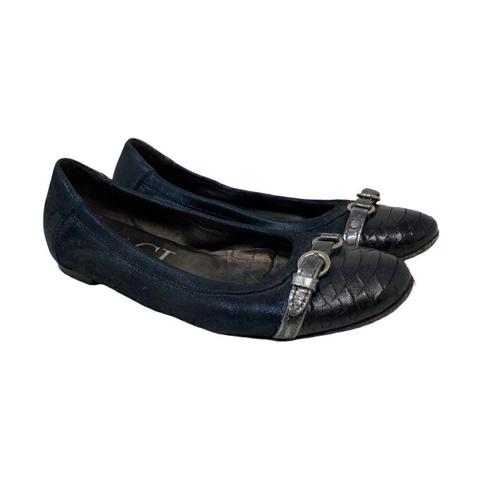 AGL Womens Ballet Flats Shoes Blue Black Leather Slip On Buckle Cap Toe 8 EUR 38